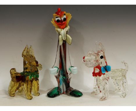 A Murano glass novelty model of a terrier, in clear glass with red and blue collar with bow, 27cm high; another model of a do
