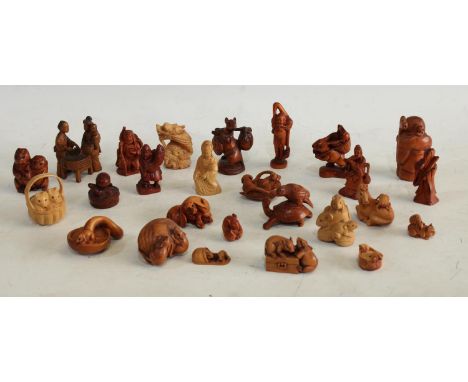 Treen - a Japanese wooden Netsuke, Three mice on a shell;  others Rabbit and young, Cats, Dogs, Tortoise and bird, At the Was