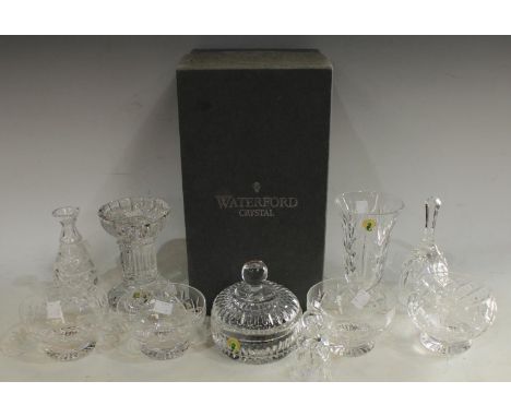 A Waterford crystal cut glass pedestal stand, 14cm high, engraved mark, paper label; a Waterford sucrier and cover, boxed; a 