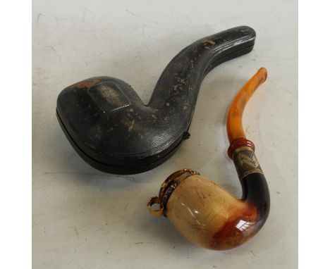 An Austrian silver-gilt and amber mounted meerschaum pipe, hinged cover, 17cm long, c.1875, morocco case with presentation in