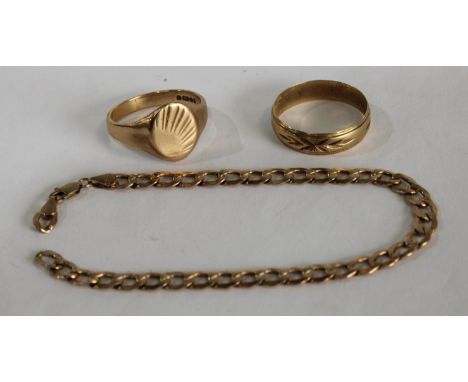 A 9ct gold bracelet; a 9ct gold ring; another 9ct gold signet ring, 10.6g gross (3)