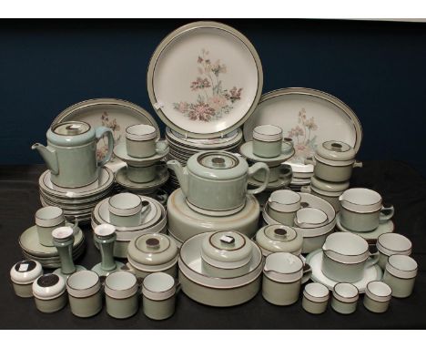 Ceramics - a Denby dinner service to include eight dinner plates, eight salad plates, six bowls, cups and saucers, oval servi