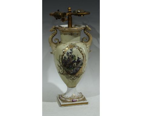 An early 19th century Berlin two handled vase, painted with battle scenes, converted to a table lamp, 34.5cm high excluding f