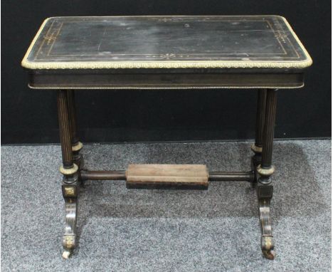 A Victorian gilt metal mounted ebonised and marquetry rounded rectangular card table, twin end supports, downswept legs, cera