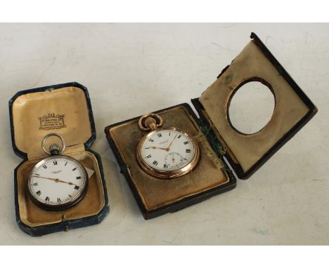 A Dennison gold plated open face pocket watch, white enamel dial, Roman numerals, subsidiary seconds dial, retailed by H Hall