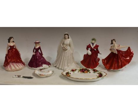 A Royal Doulton figure, Special Occasion HN4100; others, The Skater HN349, Elaine HN4130; a Royal Worcester figure, HRH Queen