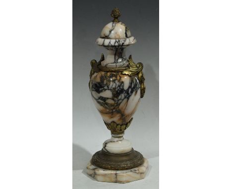 A French gilt metal mounted Breccia marble ovoid mantel urn, pine cone finial, acanthus scroll and bud handles, octagonal bas