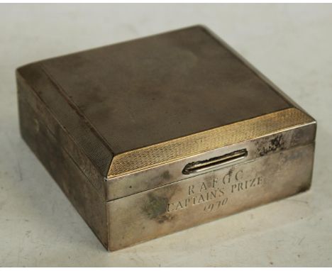 An Art Deco style silver square cigarette box, hinged engine turned cover, cedar lined, Birmingham 1967