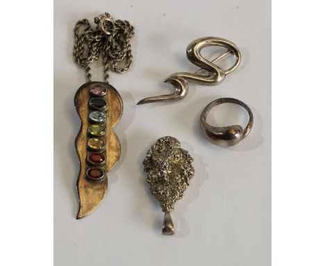 Jewellery - a Modernist silver pendant; a brooch; a ring; a nugget pendant