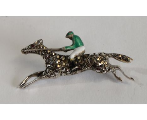 A 935 silver marcasite brooch, as horse and jockey, enamel racing colours