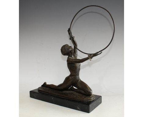 After Ferdinand Preiss, a dark patinated reproduction bronze model of a scantily clad dancing girl with a hoop, rectangular c