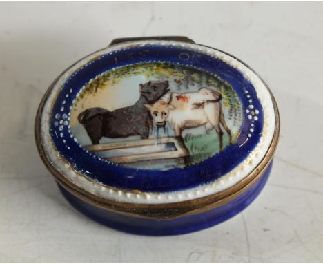 A George III South Staffordshire enamel oval patch box, the painted with a pair of cows by a water trough and inscribed with 