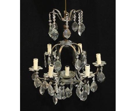 A crystal and lacquered brass seven light six branch ceiling electrolier