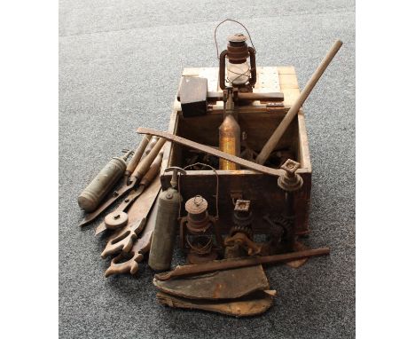 A pine tool chest; various tools, 19th century carpenter's mallet, etc