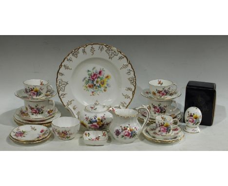 A Royal Crown Derby Posie pattern tete - a - tete, comprising compressed ovoid teapot, two cups and saucers, printed marks, y