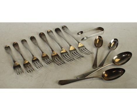 A late Victorian part set of silver flatware comprising pair of table spoons, four dinner forks, four salad forks, pair of te