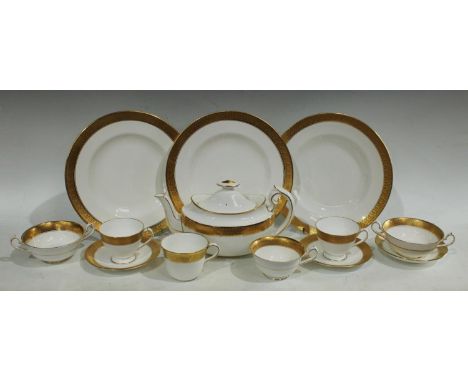 A Royal Crown Derby St George pattern teapot, the white ground with raised tooled gilt borders, second; pair of teacups and s