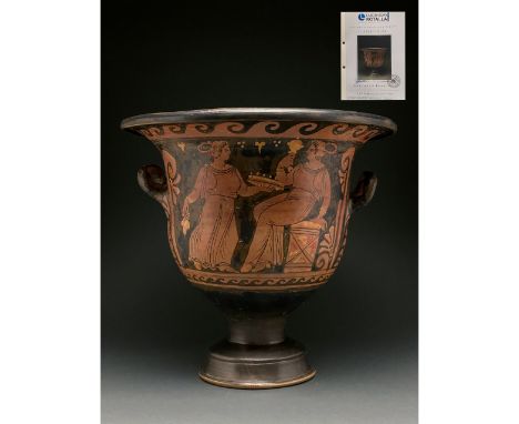 Ca. 350 BC. Ancient Greek. A black figure ware Apulian Krater with pedestal foot, cylindrical stem, inverted bell-shaped body