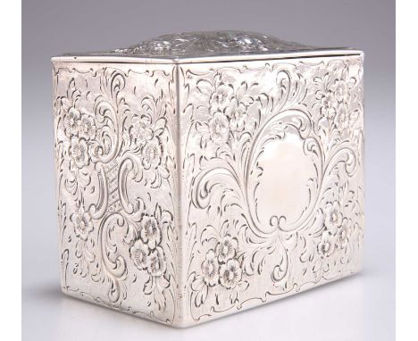 A VICTORIAN SILVER TEA CADDY, by George John Richards, London 1852, rectangular section with hinged cover, chased with flower