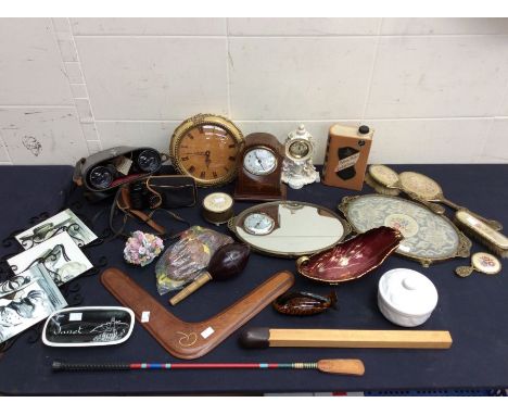 A mid 20th Century mantle clock with another collection of clocks, treen items, dressing table sets, glass and ceramics etc