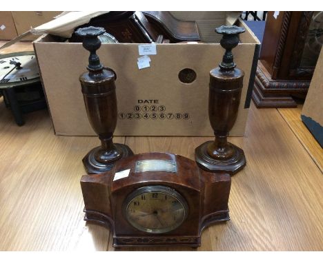A 1930's walnut mantle clock, Eltington of Liverpool, along with two mantle candlesticks, in oak