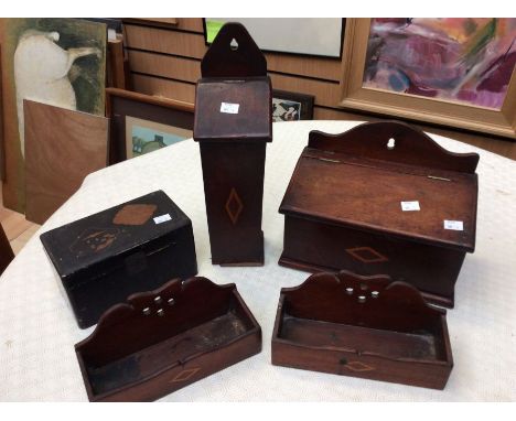 A collection of late Georgian candle boxes in mahogany along with an 18th Century lacquered tea caddy&nbsp;