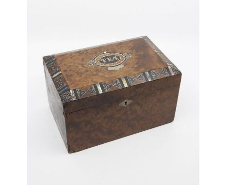 A 19th Century Victorian walnut tea caddy, with nickle inlay and mother of pearl detailing