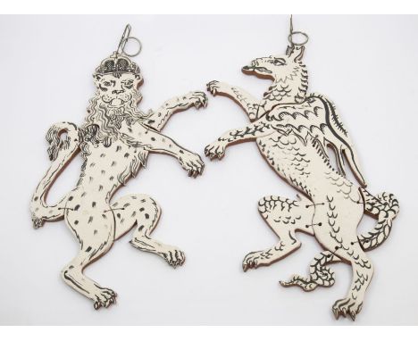 2 articulated ceramic models of the Imperial lion and Royal griffin, painted on terracotta. Repair to wing of griffin. Mark t