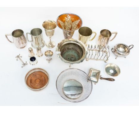 A collection of silver plated items to include; toast rack, bowls, vases, tankards, wine coasters, hunting cup etc