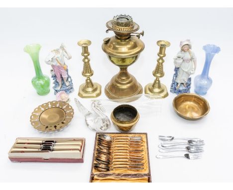 A collector's lot to include: a pair of brass candlesticks; a Victorian style brass oil lamp with glass shade; two German chi