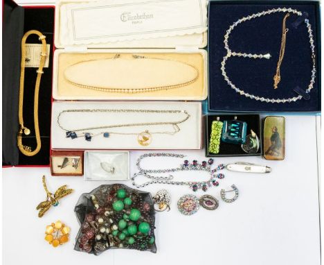 A collection of jewellery to include a 9ct gold chain a/f clasp broken weight approx 1.3gms, along with vintage glass bead ne