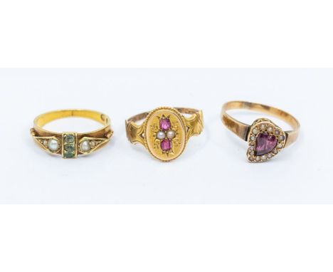 A Victorian stone set 15ct gold ring, set with pearl and emerald, size K and another set with ruby (shank thin and broken chi