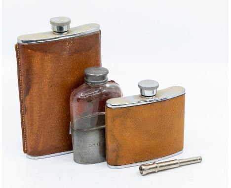 Maritime / WWII Interest: An early 20th Century silver plate mounted glass and leather hip flask, the base engraved: SS Oront