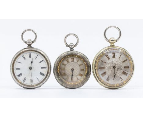 A late 19th century continental ladies silver fob watch, engine turned silvered dial with gilt Roman numerals, dial approx 35