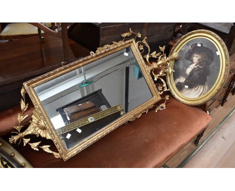 A reproduction Regency wall mirror, reproduction fish eye convex mirror along with 19th Century print in oval gilt frame of a