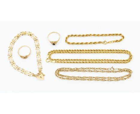 A collection of 9ct gold jewellery to include a gate bracelet and rope twist bracelet, along with rope chain necklace and a o