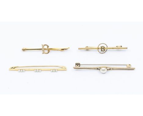 A collection of Edwardian bar brooches, including a pearl set 15ct gold brooch set with three rows of three small pearls, len