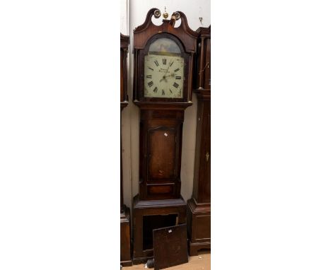 Hallam of Nottingham, 30 hour longcase clock. 13" arch painted dial with a castle in the arch. Contained in an oak and mahoga