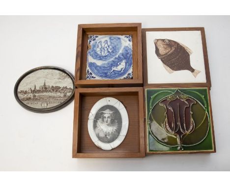 3 ceramic tiles mounted in wooden frames plus 2 ceramic plaques, one in wooden frame.&nbsp;