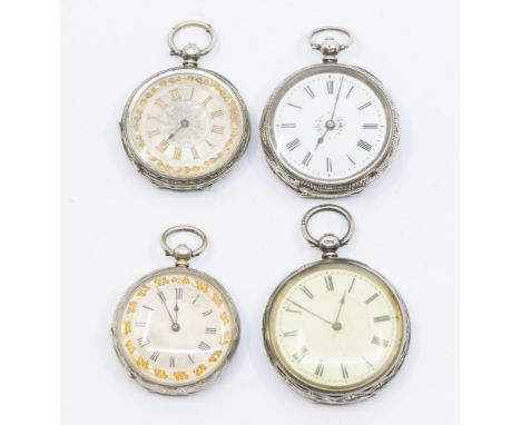 A late 19th century ladies silver fob watch, engine turned silvered dial with gilt Roman numerals, dial approx 35mm, case app