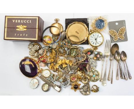 A collection of costume jewellery to include a rolled gold hunter pocket watch, silver flatware, weight approx 4.65ozt, costu