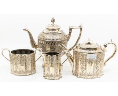 A 19th Century Electro plated coffee pot, stamped by James Dixon &amp; Sons together with Victorian three piece silver plated