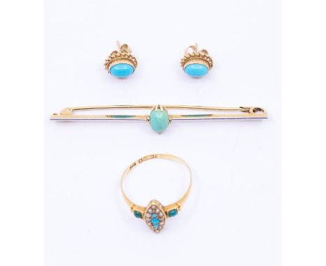 A collection of turquoise set gold jewellery to include a 15ct gold and platinum bar brooch set with oval turquoise, total gr