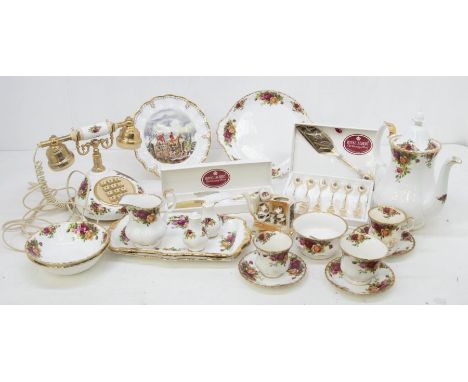 A collection of Royal Albert Old Country Roses which includes; teapots, breakfast bowls, telephone cups, saucers, plates, tra