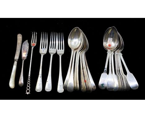 A miscellaneous collection of 19th &amp; 20th Century silver spoons and forks, fiddle and Old English, with pickle fork and b
