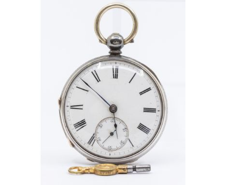 An Victorian silver open faced pocket watch, key wind, white enamel dial with numeral markers, subsidiary at 6, dial approx 4