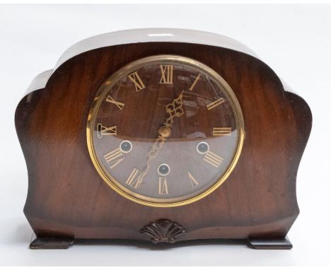 A mantle clock, three train on oak veneered casenot tested AFalong with a slate mantle clock, single train, French movement, 