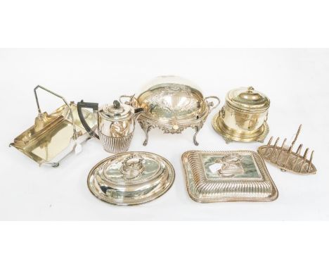 A collection of 19th and 20th Century silver plate, EPNS to include: engraved biscuit barrel and cover; tea caddy; bread bask