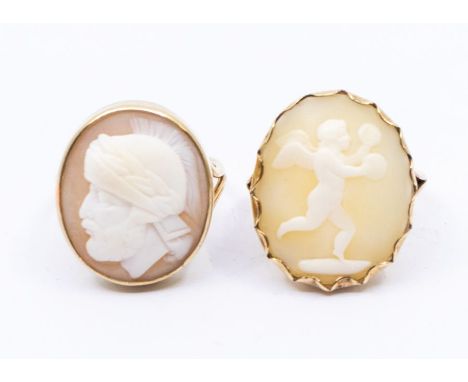 A 19th century shell cameo ring, carved depicting the profile of Greek soldier, ring size P1/2, unmarked yellow metal assesse
