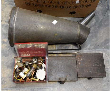 Collection of vintage tools, instruments, lamps, nuts and bolts, planes, set squares etc including train parts